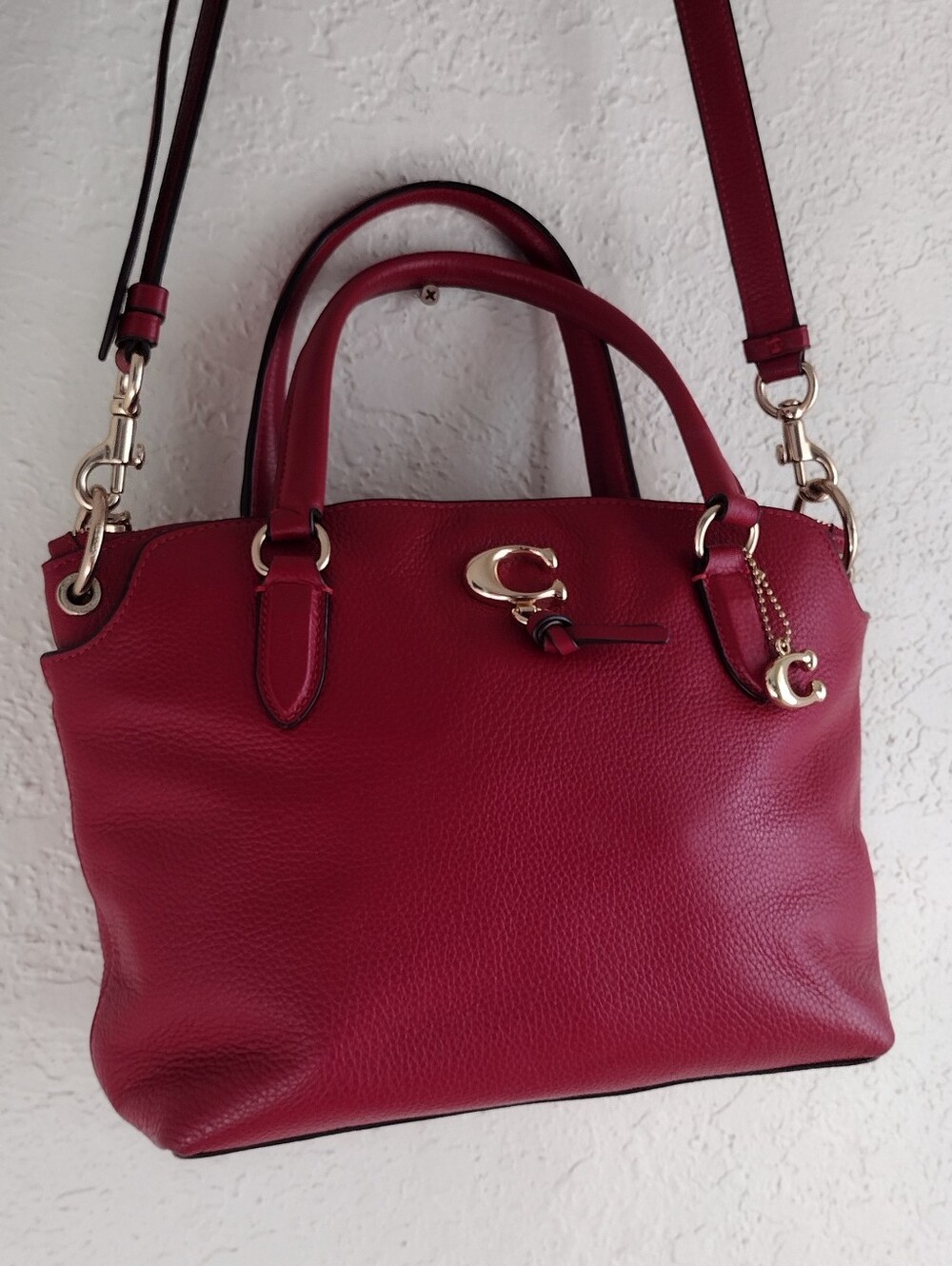 Coach 19117 Red Pebbled Leather Satchel Crossbody Bag Gold C Charm - Picture 4 of 16